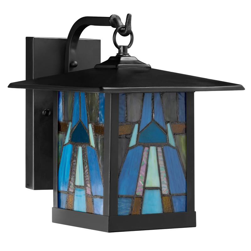 River of Goods Aqua Stained Glass and Black 1-Light Outdoor Lantern Wall Sconce - Aqua/Blue