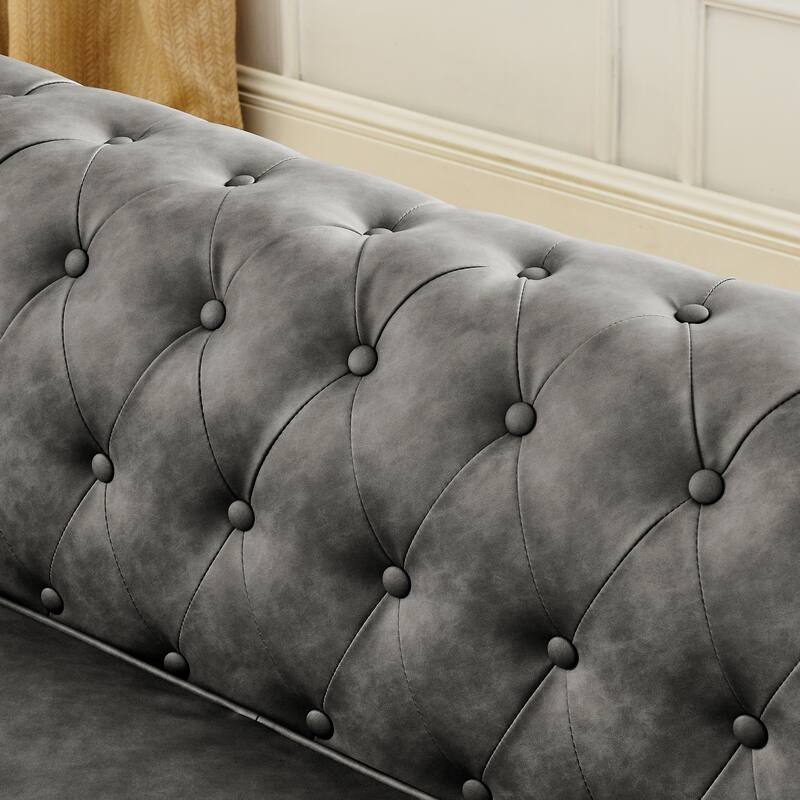 Tufted Upholstered PU 3-Seater Sofa with Scrolled Arms and Nailhead Decoration, Dark Gray (88.5''x37''x28'')