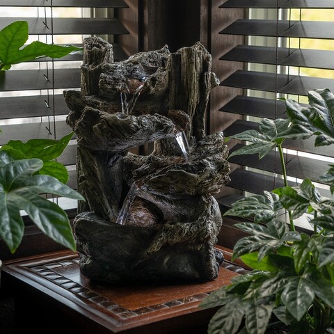 Alpine Corporation 14" Tall Indoor/Outdoor Tiered Log Tabletop Fountain with LED Lights