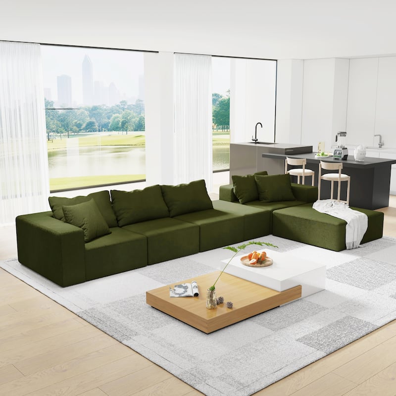 132" Chenille L-Shaped Sectional Sofa with 6 Pillows