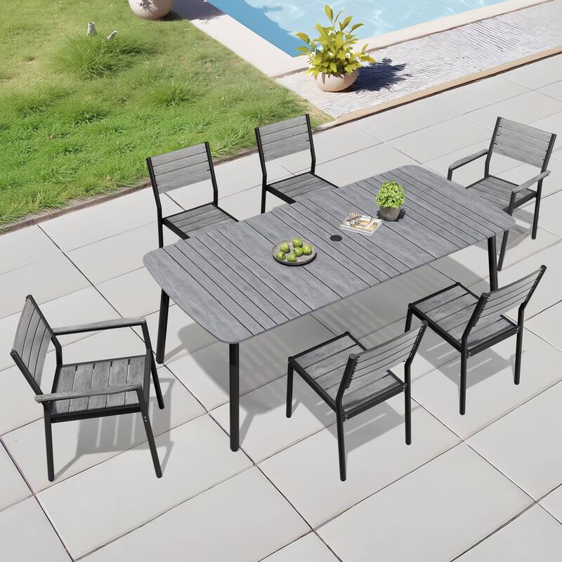 Outdoor 7/9-Piece Patio Dining Set Rectangular Dining Table with Stackable Chairs - Grey - Set of 7 - 81.5 inches
