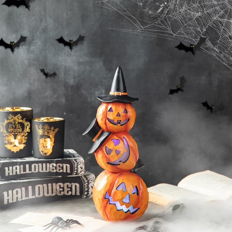 Glitzhome 14.25"H Halloween Lighted Stacked Resin Pumpkin Figurine Table Decor - Lighted Pumpkin