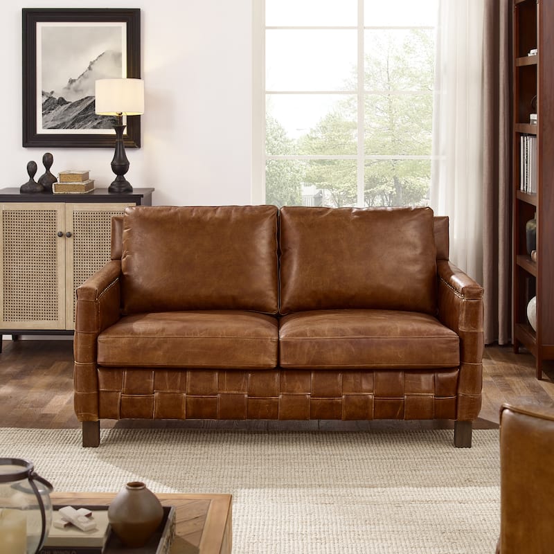 Art Leon Leather Woven Loveseat Sofa - Cognac