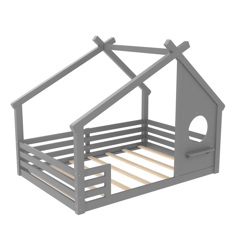 Wooden House Floor Bed, Modern Kids Montessori Playhouse Bed Frame with Window and Roof