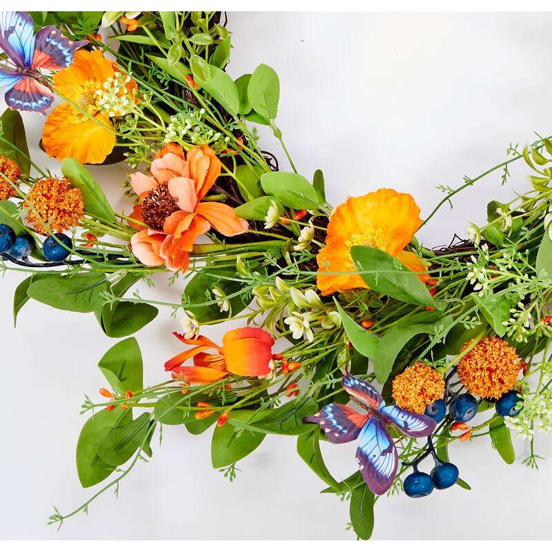 26" Artificial Spring Butterflies, Flowers and Berries Wreath on Natural Twig Base