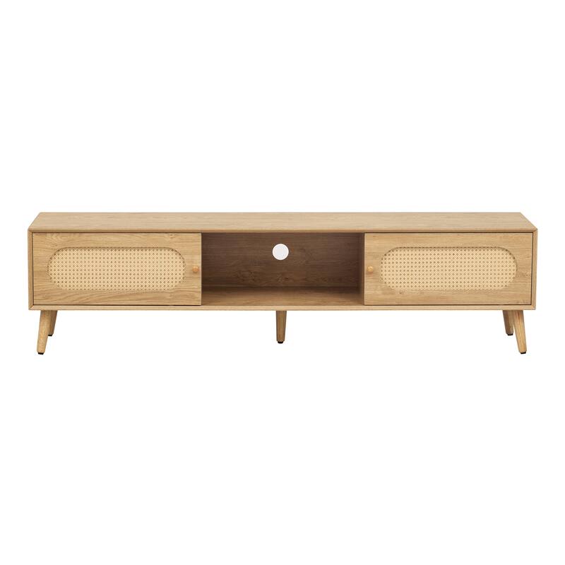 Boho Farmhouse Wicker TV Stand Media Console, for TVs up to 80" with 1 Drawer and 2 Spacious Cabinets, for Living Room