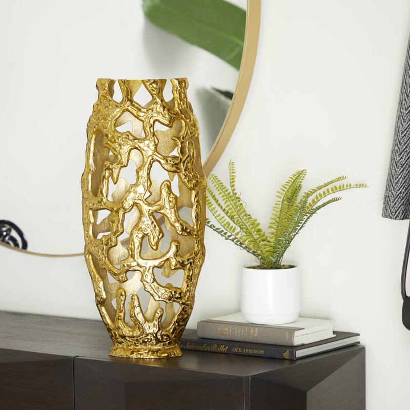 Aluminum Metal Decorative Vase with Cut Out Designs - Silver, Gold, Black - Roche River Decor
