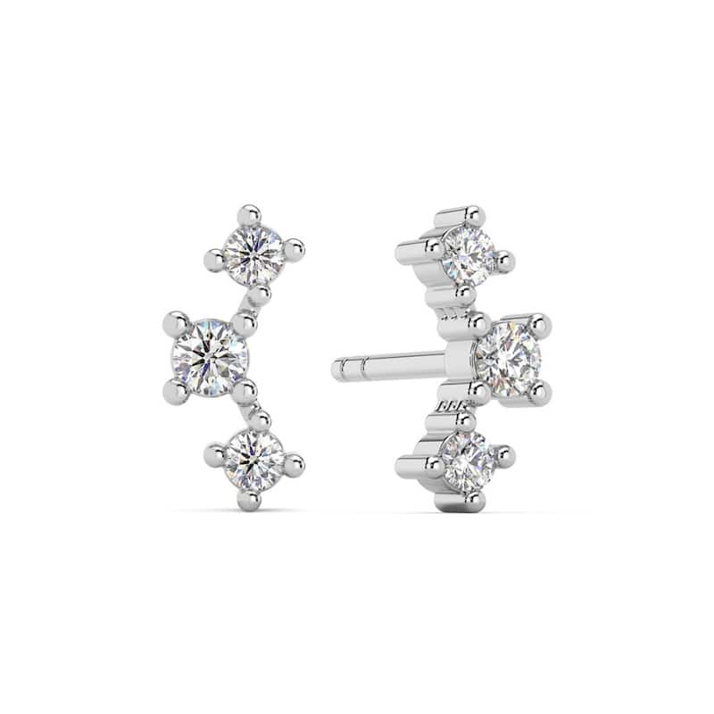 1/5Ct TW 3-Stone Diamond Crawler Earrings Gold Studs Lab Grown 1/3" Tall