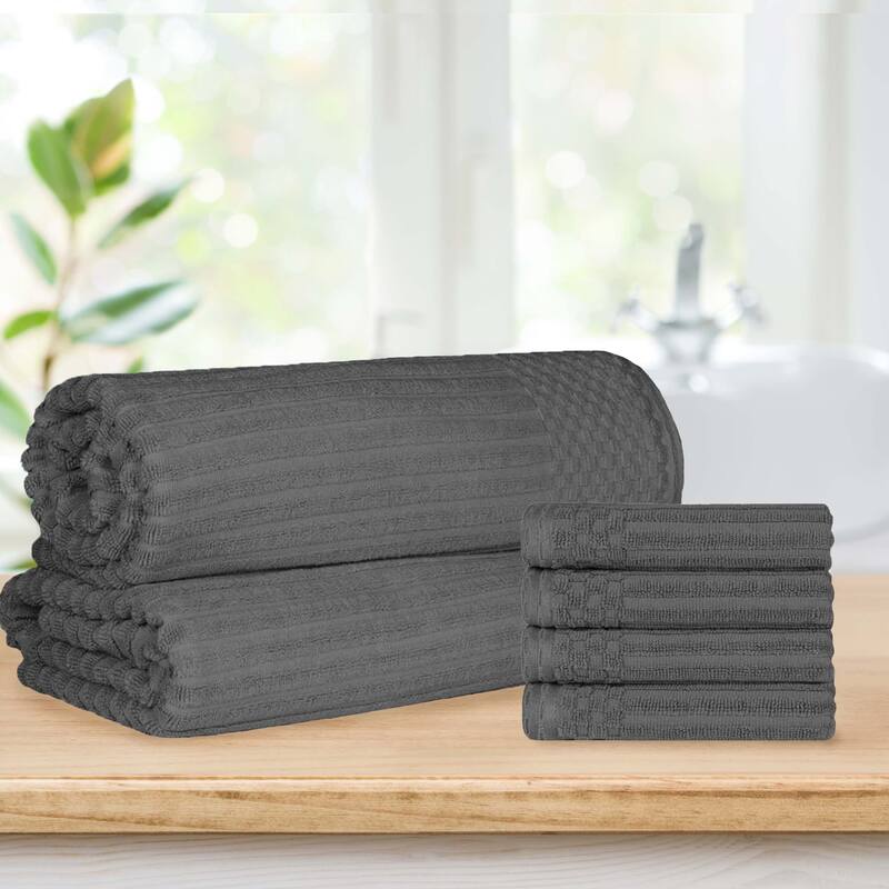 Ribbed Cotton Absorbent Heavyweight Hand Towel and Bath Sheet Set by Superior - Charcoal