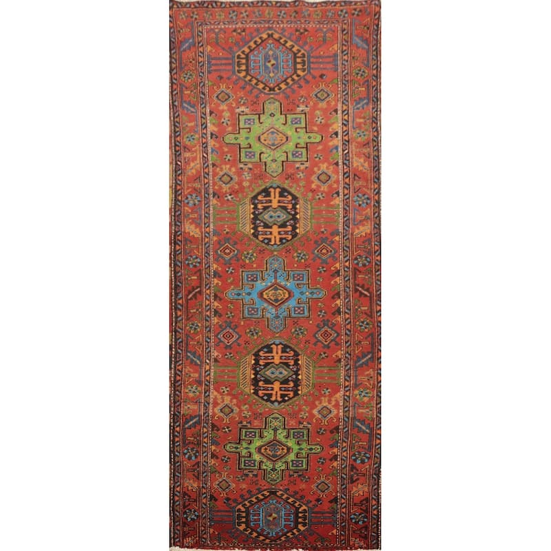 Hand Knotted Oriental 100% Wool Carpet Traditional Geometric Oranges & Rust Heriz Runner Rug - 10' 1'' X 3' 2''