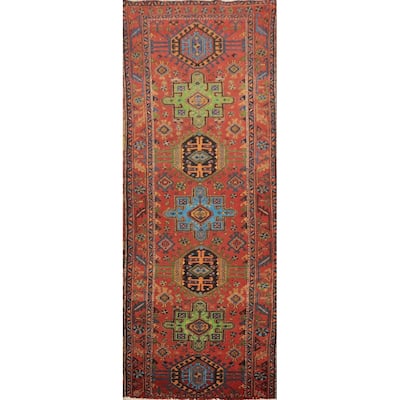 Hand Knotted Oriental 100% Wool Carpet Traditional Geometric Oranges & Rust Heriz Runner Rug - 10' 1'' X 3' 2''