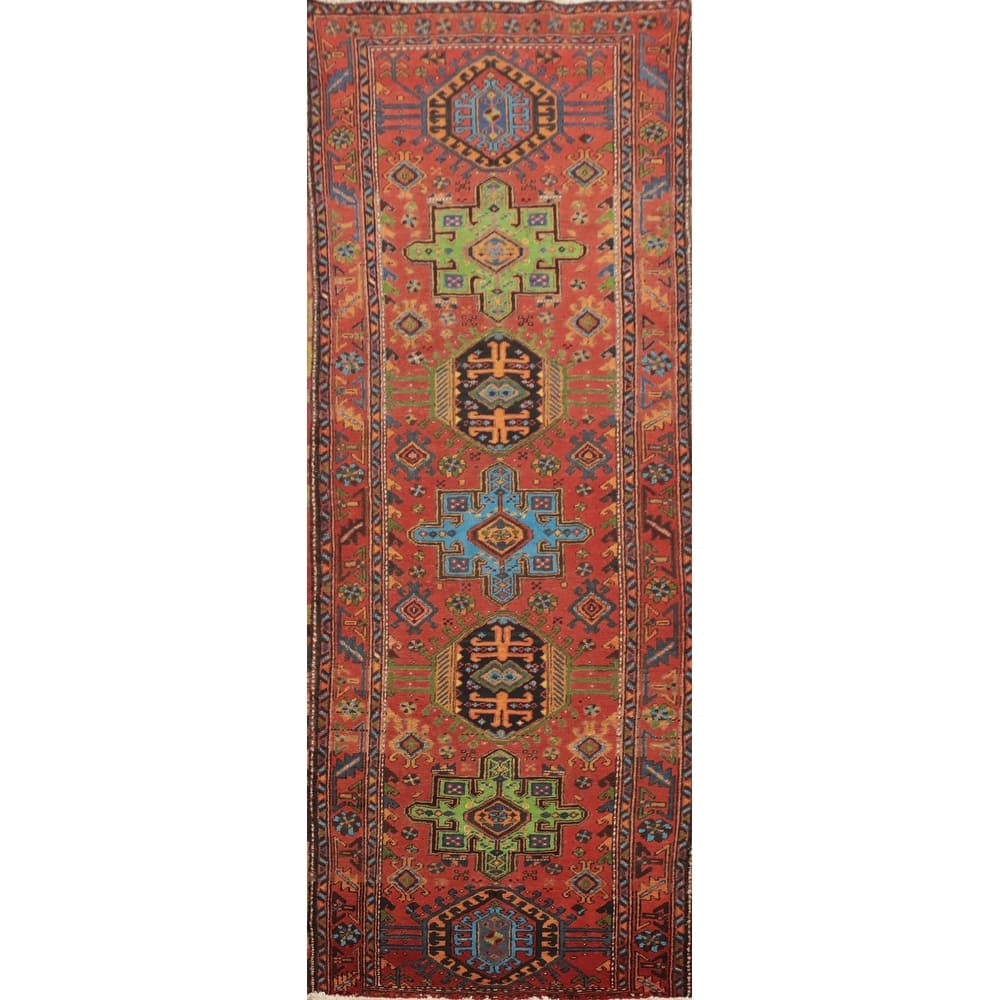 Hand Knotted Oriental 100% Wool Carpet Traditional Geometric Oranges & Rust Heriz Runner Rug - 10' 1'' X 3' 2''