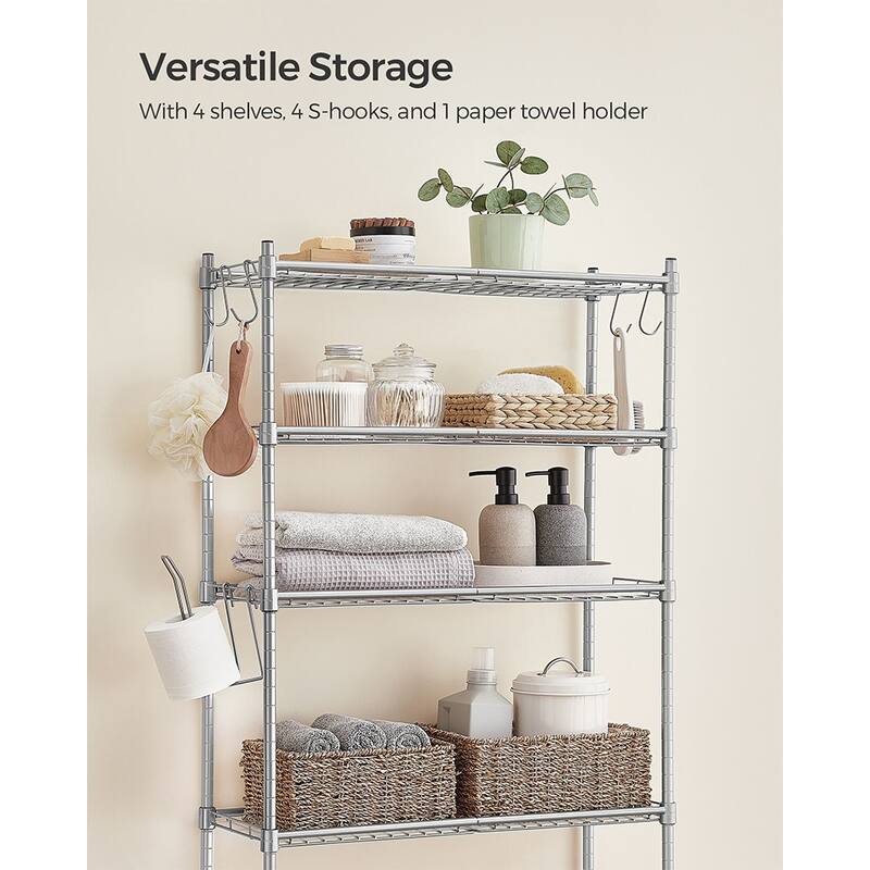 4-Tier Freestanding Metal Over-the-Toilet Storage Rack with 4 Adjustable Shelves and 4 Convenient Hoooks