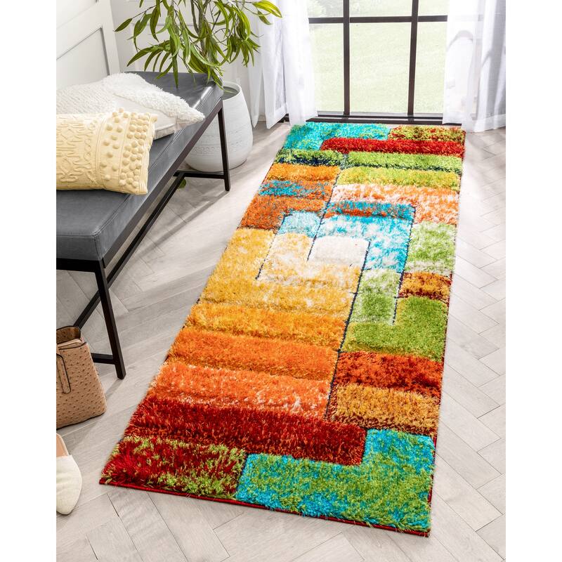Well Woven Lolly Kenzo Retro Geometric Pattern High Low Shag Area Rug