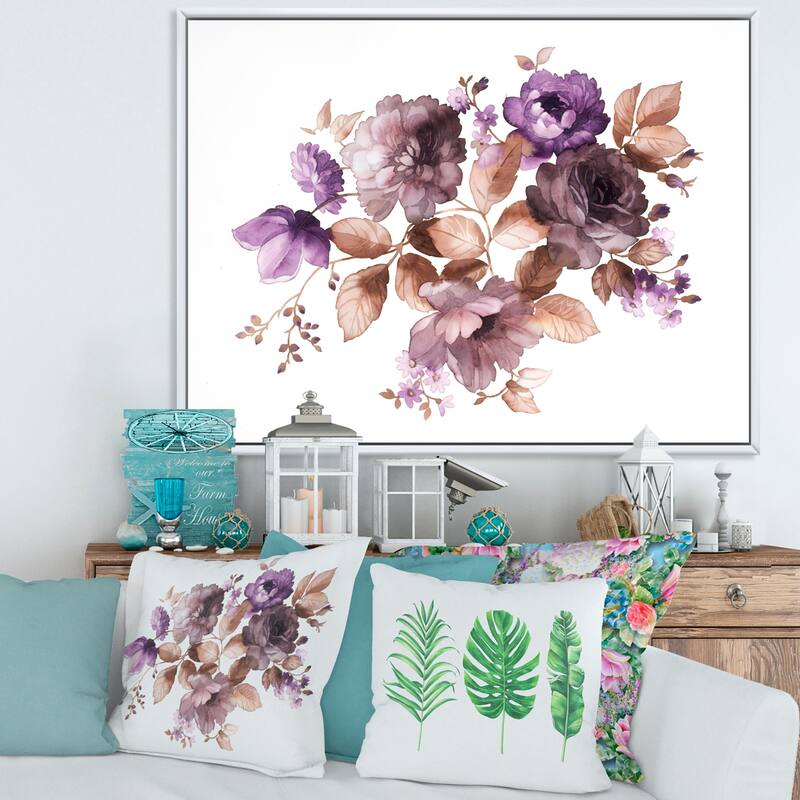 Designart "Purple Retro Flowers With Brown Leaves" Traditional Framed Canvas Wall Art Print