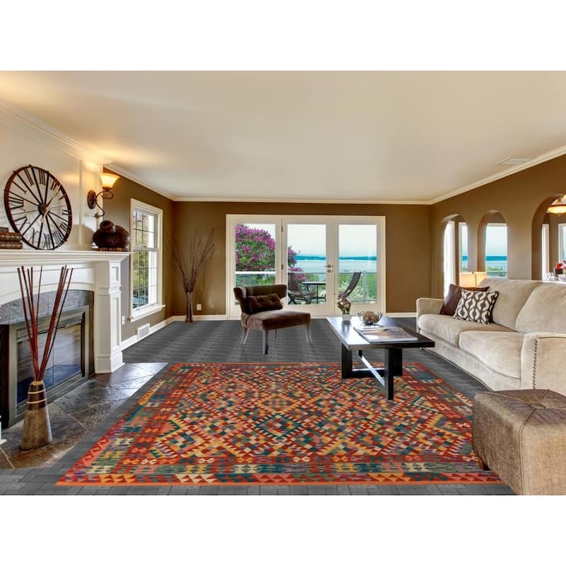 Geometric Kilim Oriental Rug Hand-Woven Multi-Color Wool Carpet - 8'5"x 9'9"