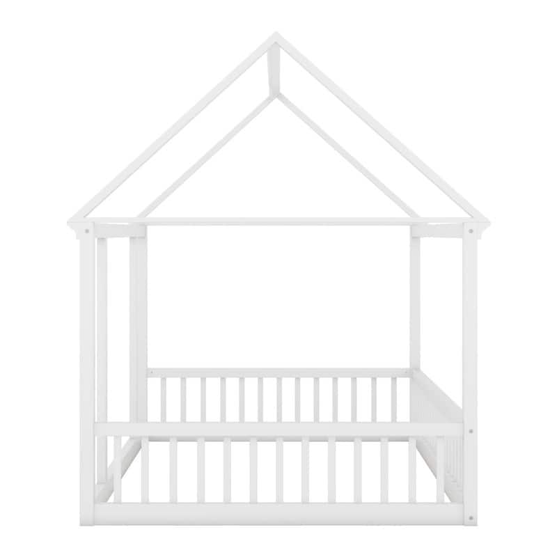 House Floor Bed with House Roof Frame and Safety Guardrails, Twin/Full Size Wooden Floor Montessori Bed House Bed for Kids
