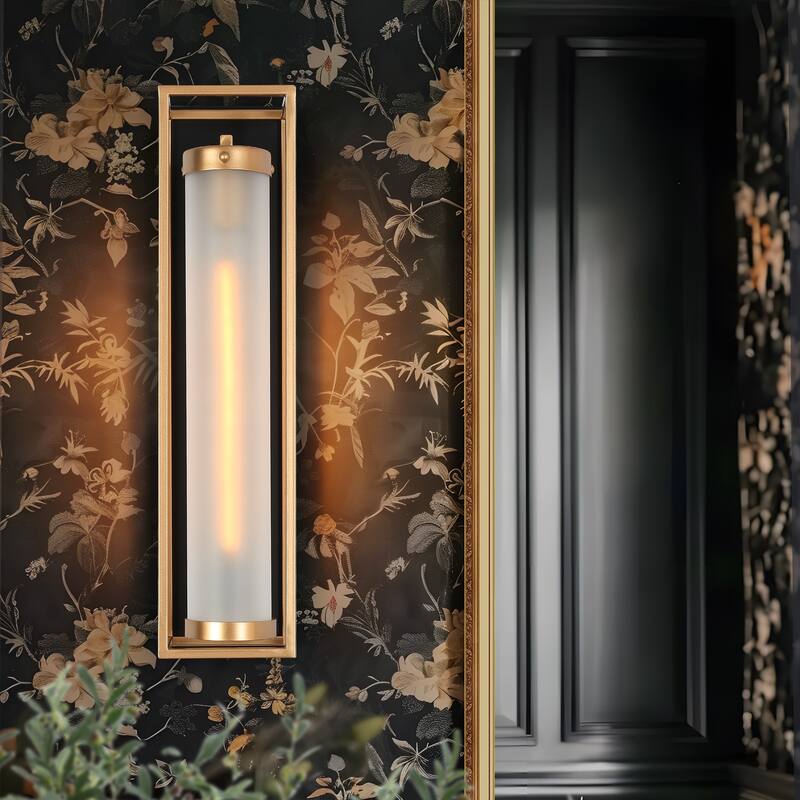 1-Light Modern Black Gold Wall Sconce Cylindrical Frosted Glass Bathroom Vanity Lights for Bathroom - 4.5" L x 5" W x 18" H