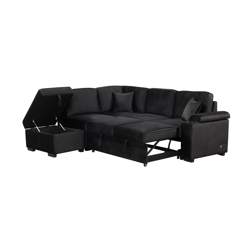 Modern 2 in 1 Pull Out sofa bed L Shape Couch with Storage Ottoman