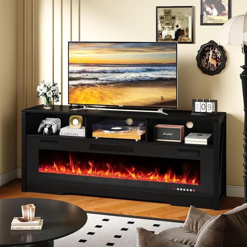 BOSSIN 65" Electric Fireplace TV Stand , Entertainment Center for TVs up to 75" with Open Shelves, Black