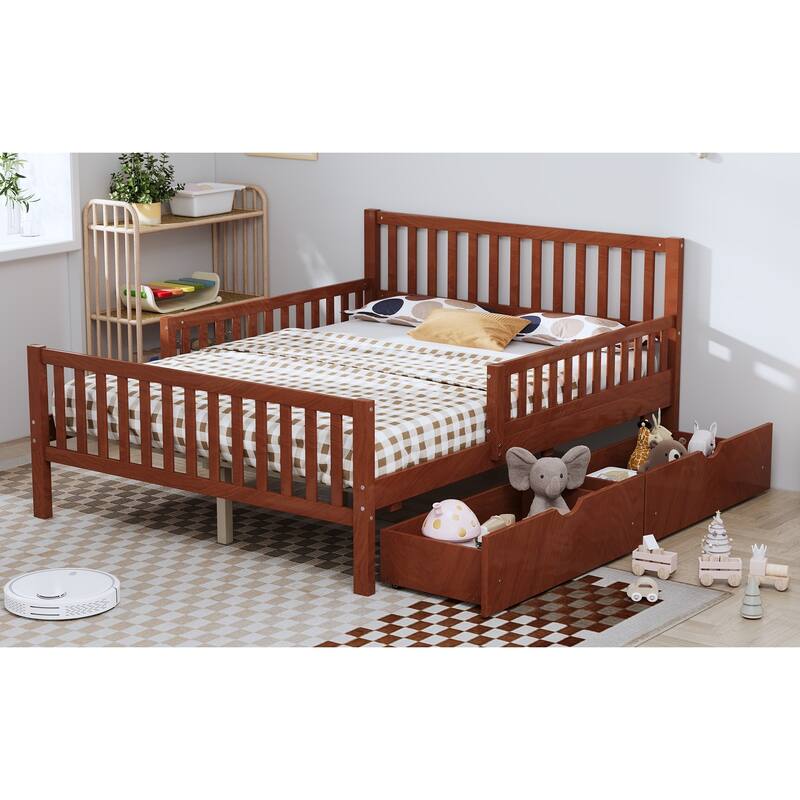 Full Size Wood Platform Bed with Guardrails on Both Sides