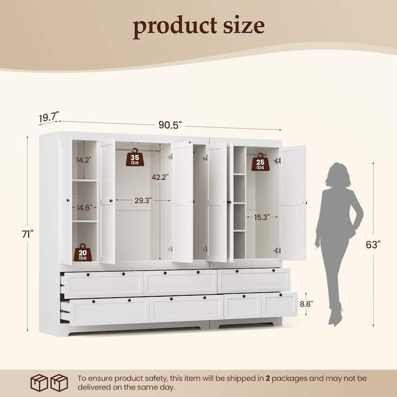 Pocassy 71" H Wardrobe Closet with Drawers and Cabinet.