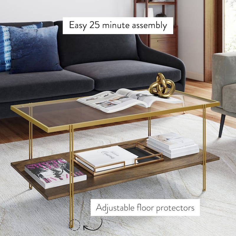 Nathan James Asher Mid-Century Coffee Table Glass Top Oak Shelf