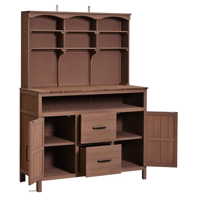 45" Fir Wood Outdoor Potting Bench with Hutch, Cabinets, and Drawers