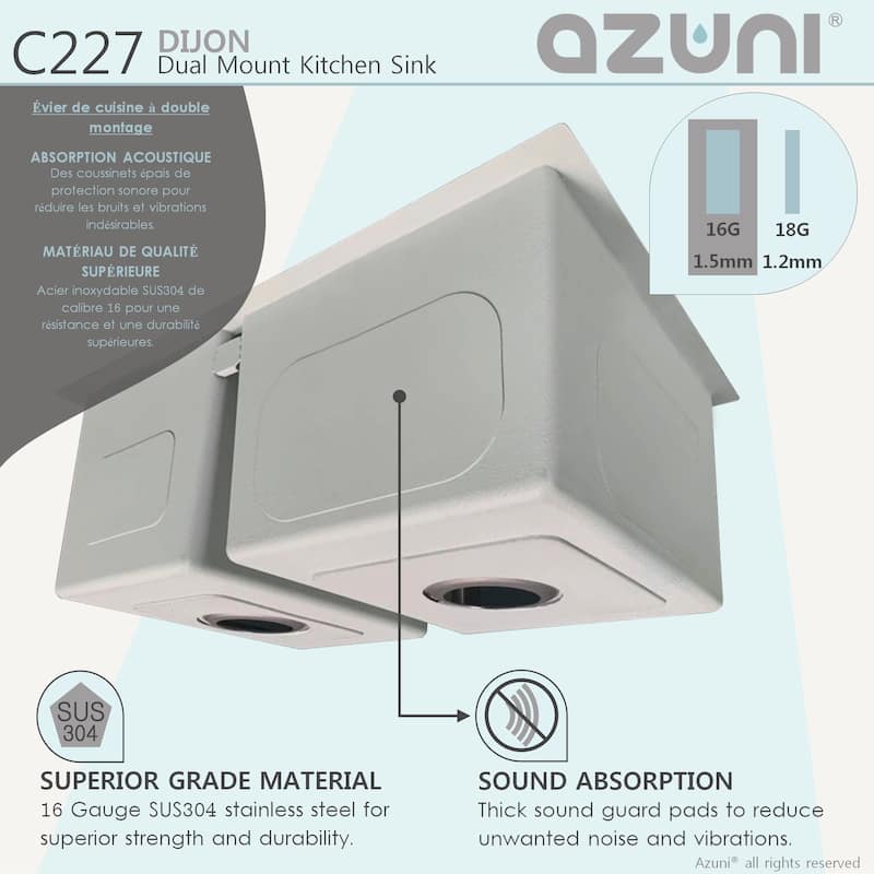 AZUNI 27 inches L x 18 inches W Double Bowl 60/40 Dual Mount 16G Reversible Kitchen Sink with Grids and Basket Strainers