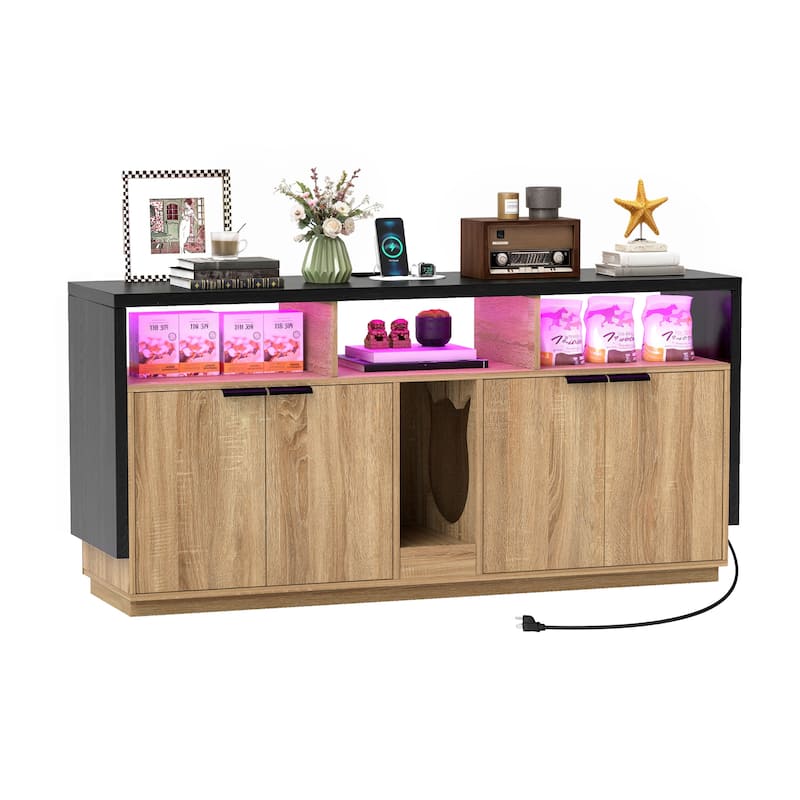 Moasis Cat Litter Box Enclosure with Power Outlet & LED Light - Black with Oak