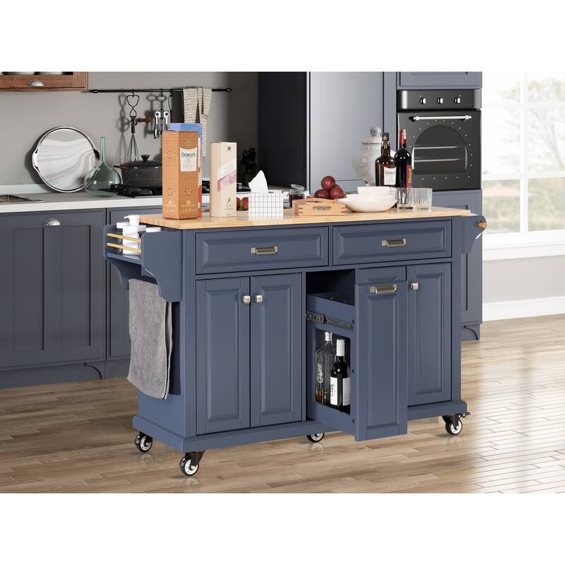 Kitchen Island with Rubber wood Countertop, Kitchen Cart on 5 Wheels with Storage Cabinet and 2 Top Drawers