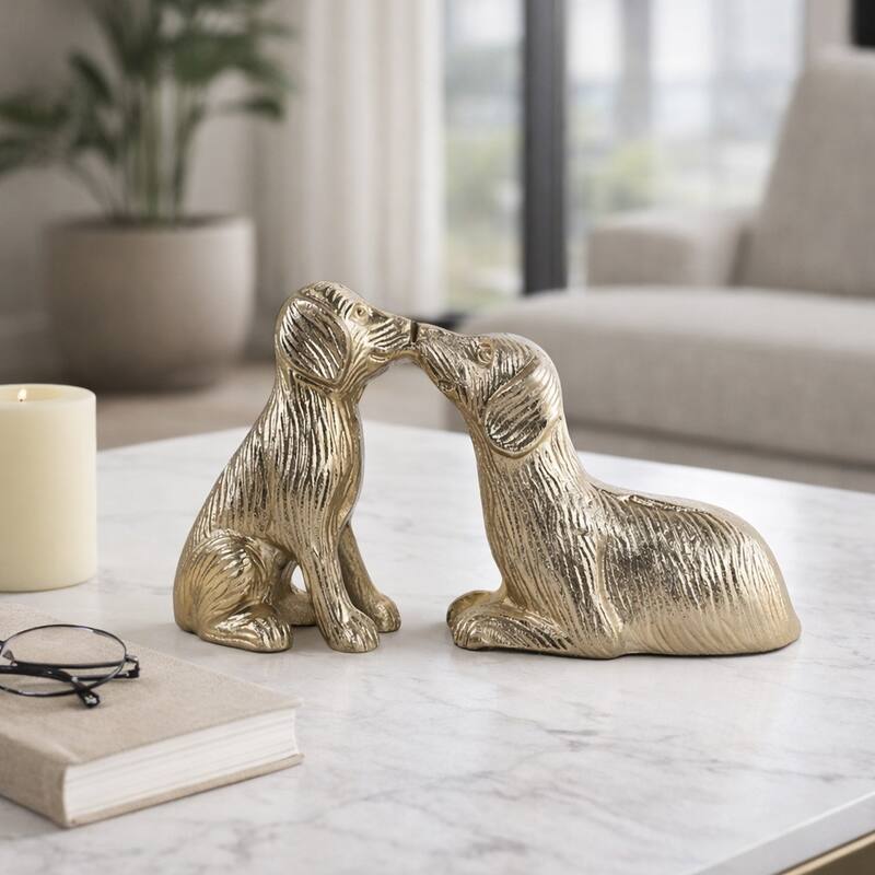 Cute Kissing Dogs Statue Figurine - Decorative Sculpture - 10", Gold - 9.75"