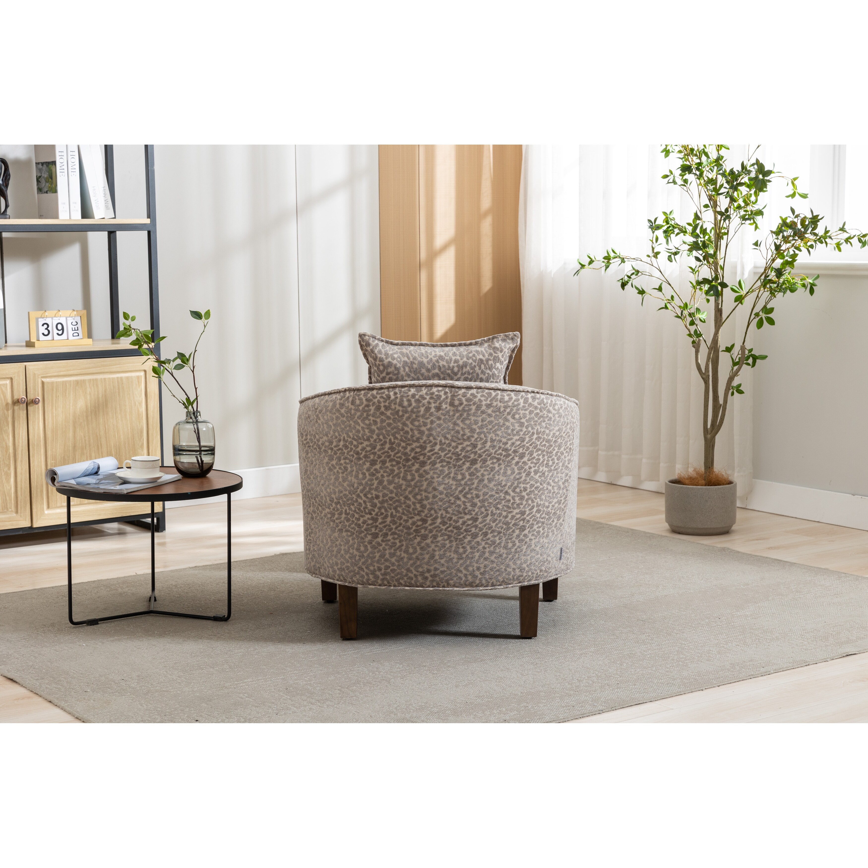 Livingroom Accent Chair Round Barrel Chair with Ottoman, Leopard