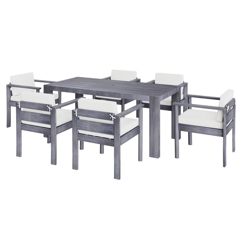 7-Piece Outdoor Patio Dining Set Wood Rectangular Dining Table and 6 Arm Chairs with Parasol Hole and Removable Cushions
