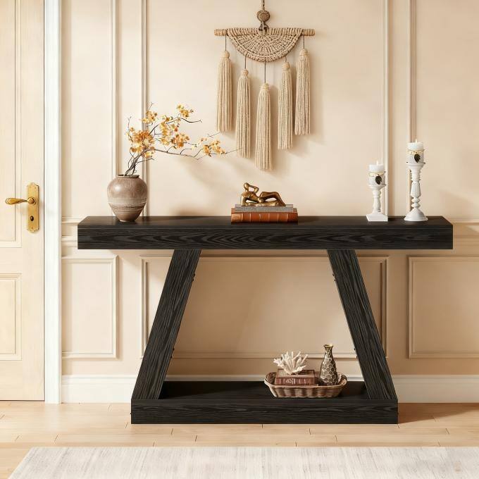 55-Inch Wooden Console Table with Storage, Farmhouse Sofa Table Entryway Table for Hallway, Living Room