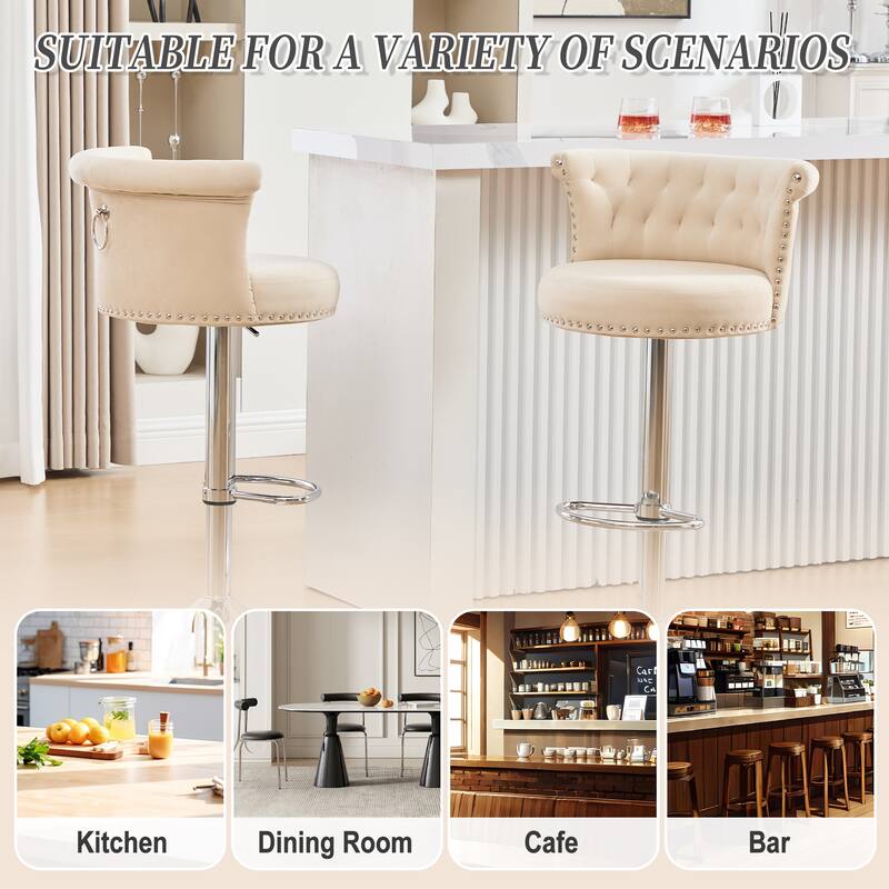 Velvet Bar Stool Set of 2, Adjustable Swivel Bar Stools with Silver Plated Metal Leg, Chrome Nailhead, Counter Height Chair