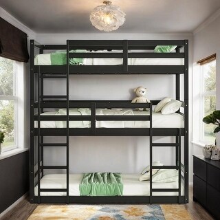 Artsy Rubber Wood Bunk Bed with Two Built-in Ladders, Guardrails, Twin over Twin over Twin, Detachable Triple Bunk Bed