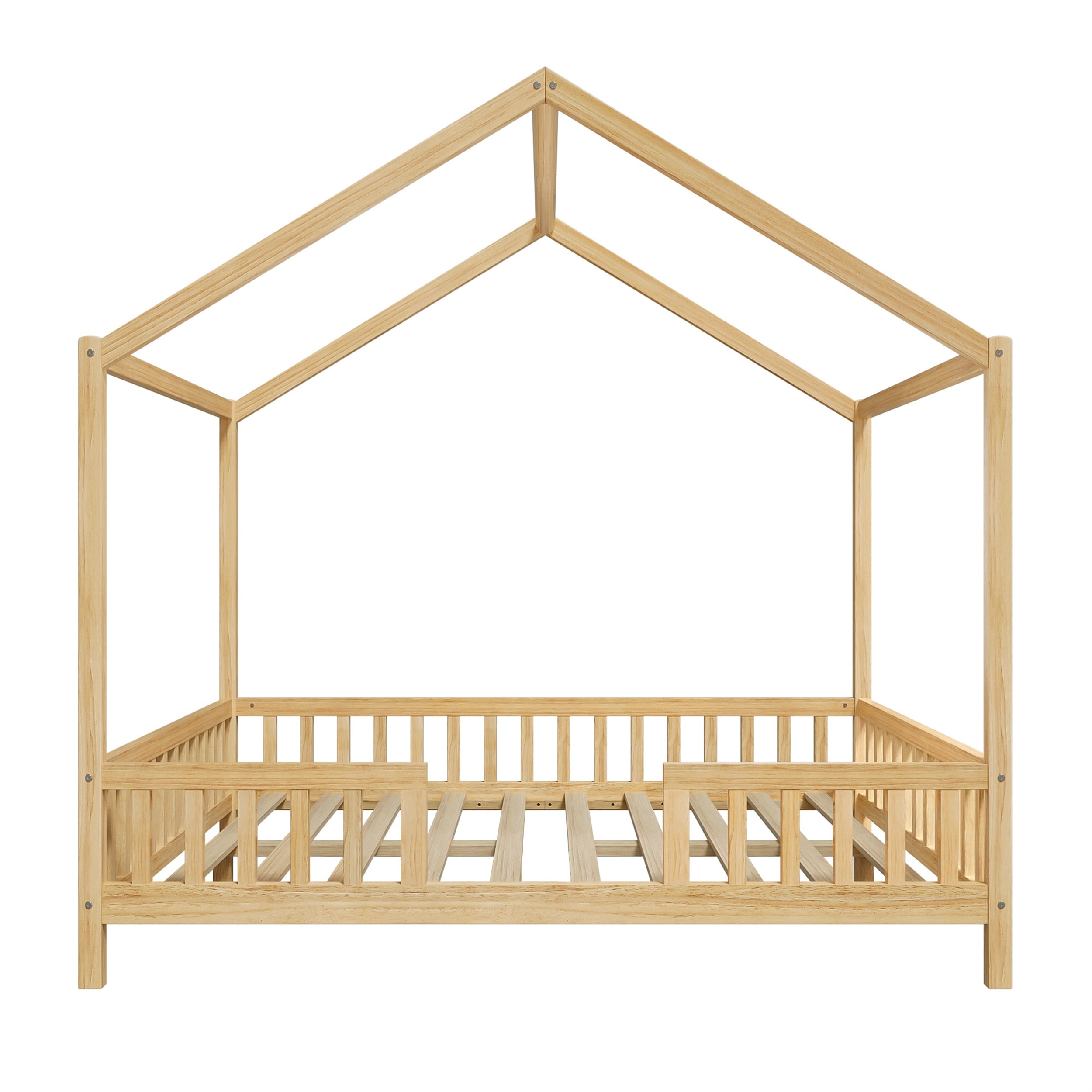 Full Size Canopy House Kid's Bed with Safety High Railings, Roof