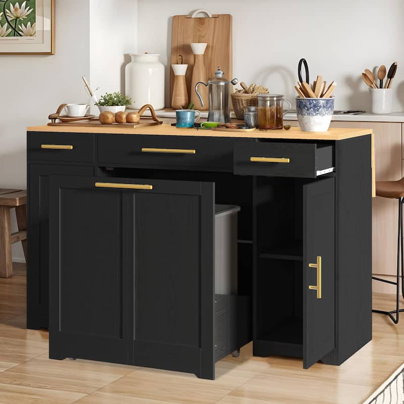 Moasis 55 inch Rolling Kitchen Island with Drop Leaf and Pull Out Garbage Bin Cabinet fits
