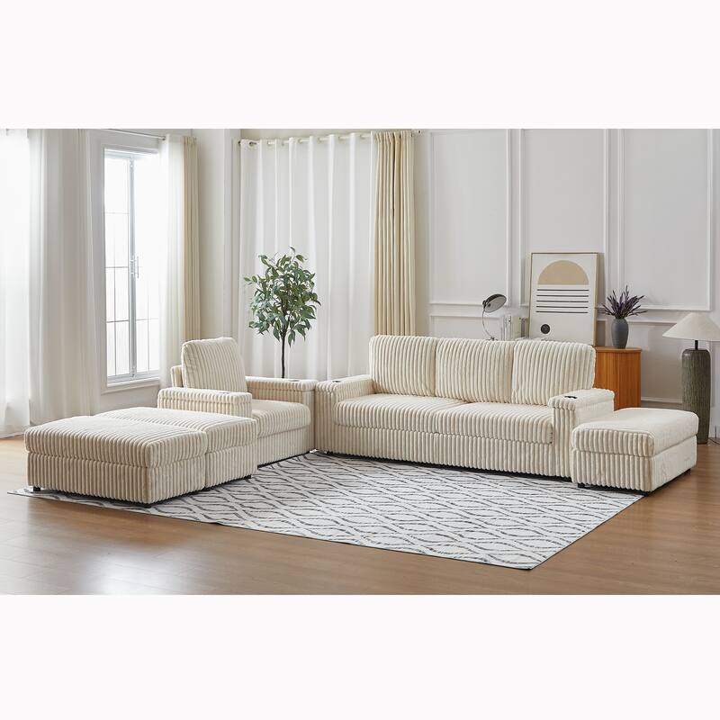 Anmytek Corduroy 3-Seater Deep Seat Sofa & Single Recliner With Cup-Holding Grooves - Beige