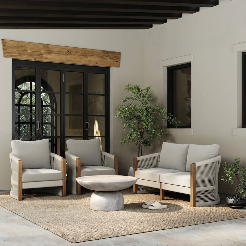 Jagger Farmhouse Patio Seating with Solid Acacia Wood Frame, Cushions, and Rope Accent