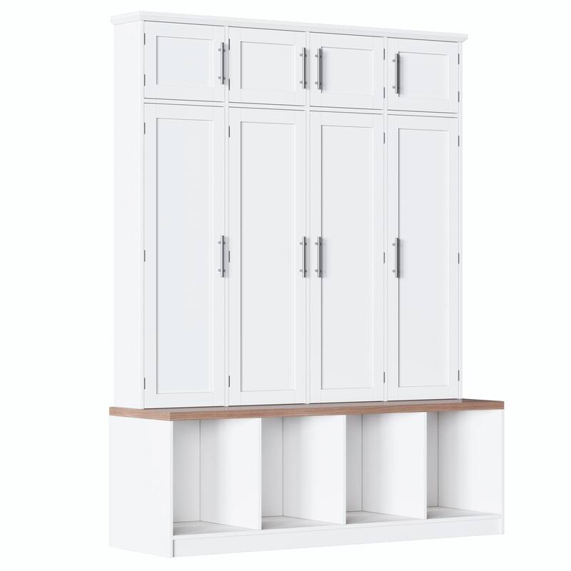 Farmhouse Hall Tree with 4 Hidden Hooks, Versatile Bench with 8 Doors