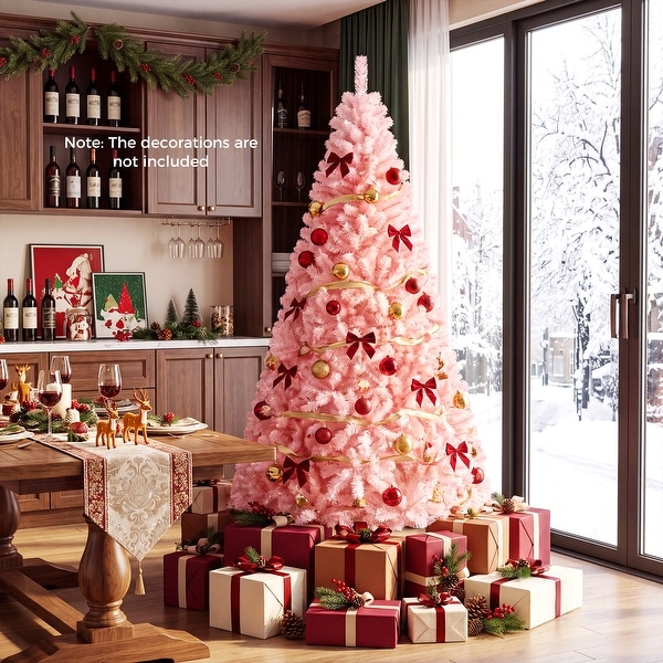 Gymax 6ft/ 7ft Pink Classic Pine Christmas Tree Artificial Hinged