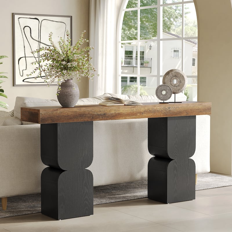 63" Wood Console Sofa Tables Behind Couch for Living Room Entryway - Brown and Black