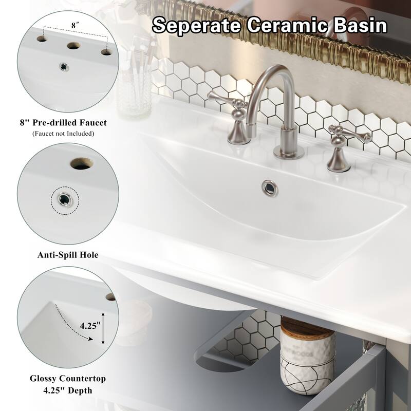 36" Bathroom Vanity with Ceramic Sink, Bathroom Vanity with Adjustable Shelf and Open Shelf, with Solid Wood Legs