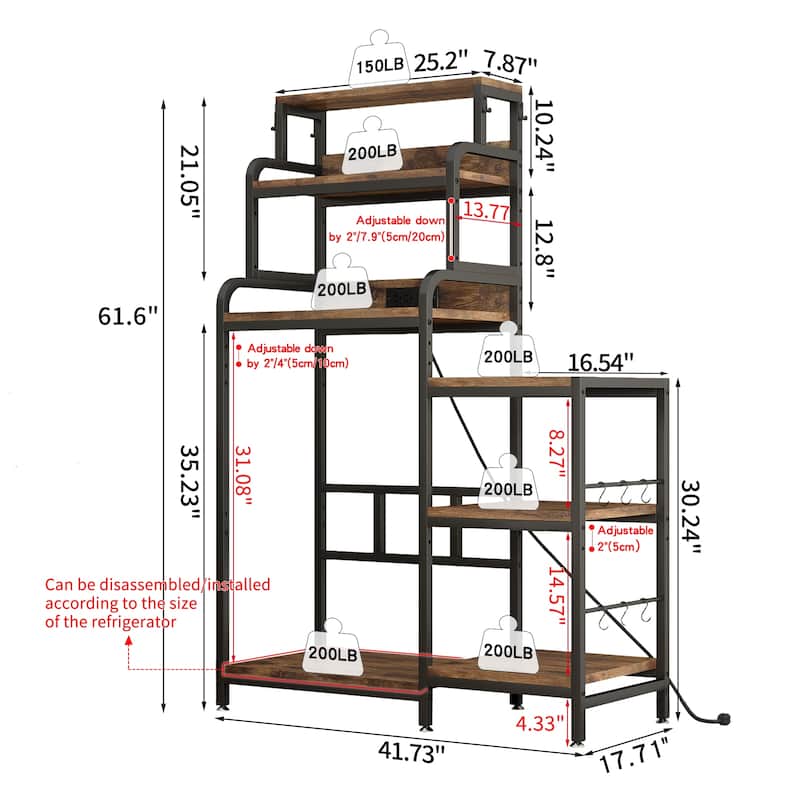 Multifunctional 7-Tier Mini Fridge & Microwave Stand with 2 AC/2 USB Outlets - Coffee Bar & Bakers Rack Storage Shelf