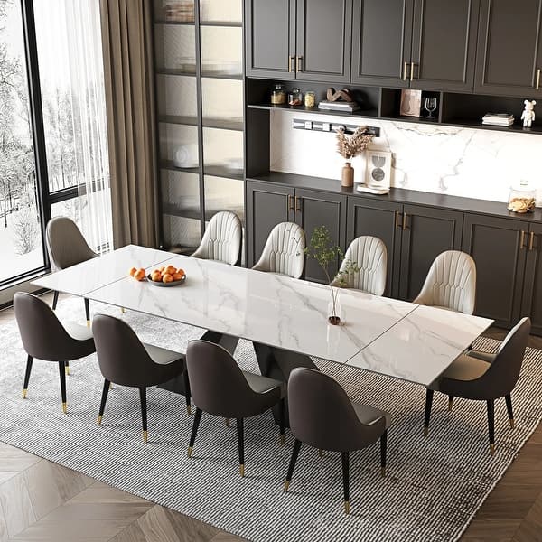 110.24" Extendable Rectangular Sintered Stone Double Pedestal Dining Table Seat 8-12
