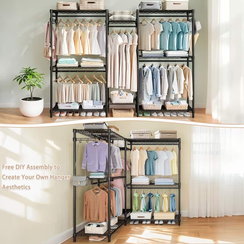 Heavy-Duty Adjustable Garment Rack Freestanding Closet Organizer with 8 Shelves & 5 Rails