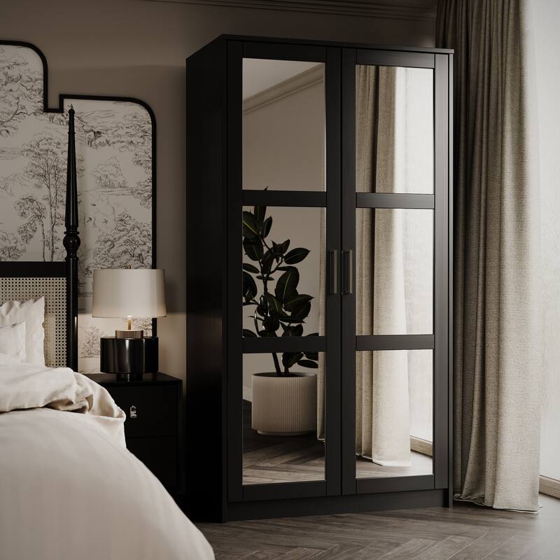 Palace Imports 100% Solid Wood 2-Door Urban Wardrobe Armoire with Solid and Mirrored Doors - Black-Mirrored