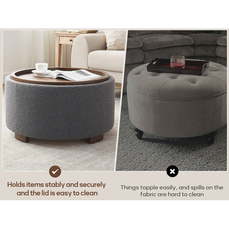Huimo Modern round wooden tray Ottoman with Storage